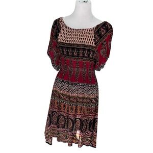 Bohemian Smocked Paisley Print Dress Red Black Flutter Sleeve Festival Boho